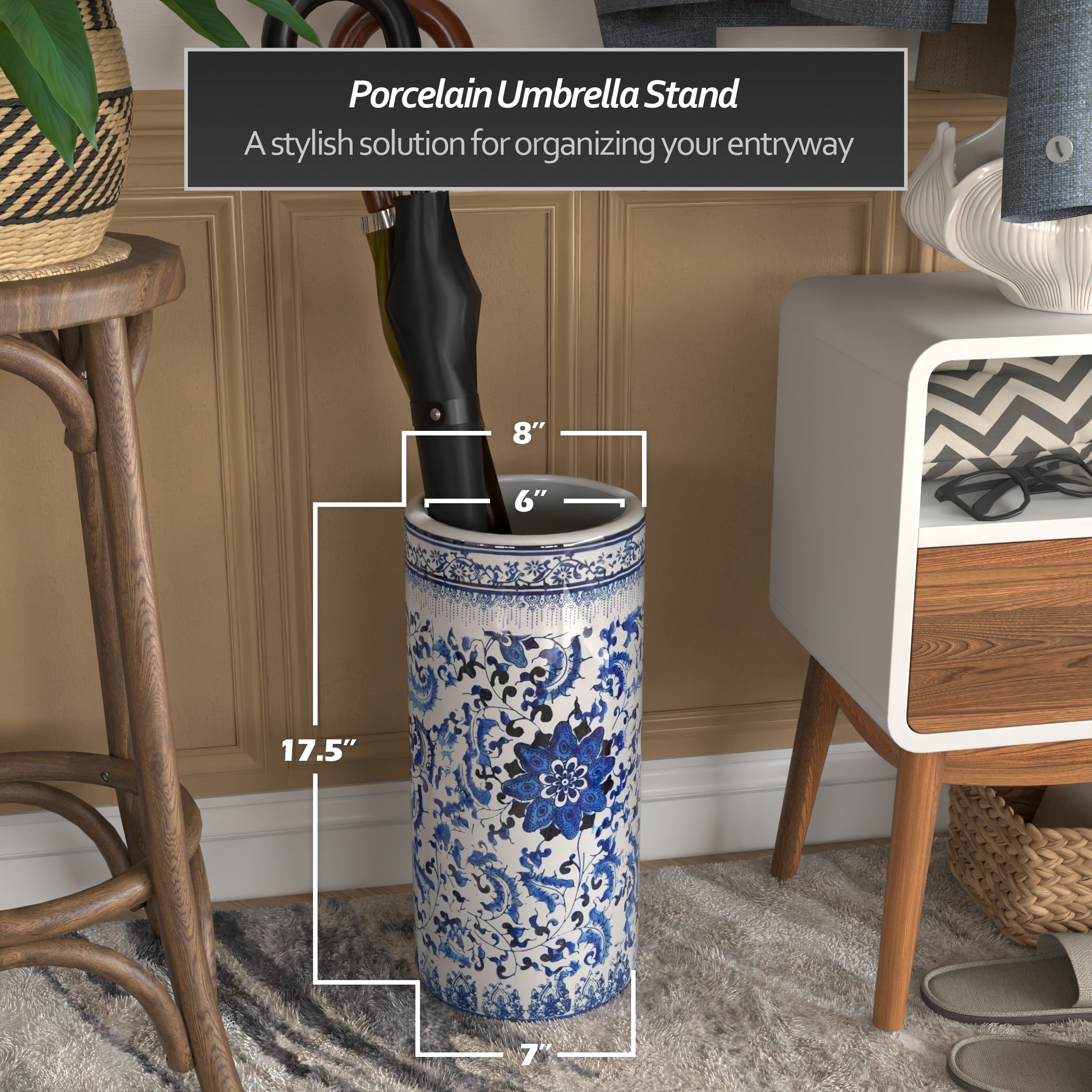 Red Lantern 18" Umbrella Stand - Blue and White Floral