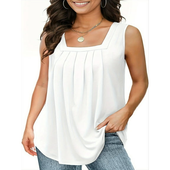 Versatile, fashionable, square-neck gathered pleat swing tank top for women, loose-fitting, casual, and comfortable