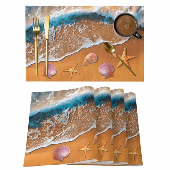 Summer Beach Placemats Set of 6, Ocean Waves Shell Starfish Conch Coastal Non-Slip Place Mats Washable Table Mats for Kitchen Dining Table Decorations Indoor/Outdoor