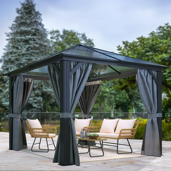 Dextrus 10x10FT Outdoor Single Roof Gazebo Hardtop with Netting&Shaded Curtains,Sturdy Aluminum Frame Garden Tent,Ideal for Patio, Backyard,Deck and Lawns,Grey Curtain