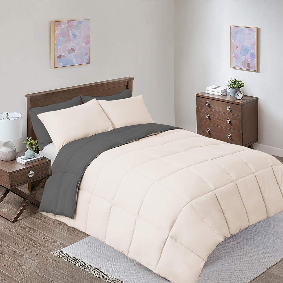 Sheetsnthings Reversible Down Alternative Comforter, Medium Warmth (41-Ounces of Fill) Oversized Queen Blanket, Charcoal-Cream