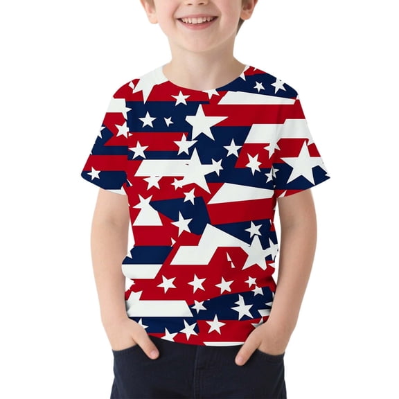 Bainana Kids Boys Patriotic Graphic Short Sleeve Tee Shirt Red White Blue Print Crew Neck Tops Teen Kids Fourth Of July Celebration Breathable Casual Outfits 18 Months-13 Years