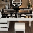 thumbnail image 5 of FAMAPY Modern Vanity Desk with Lighted Mirror & Glass Desktop, Makeup Vanity with Drawers, Makeup Desk Dressing Table, Round Edge, Cushion Stool, White, 5 of 8