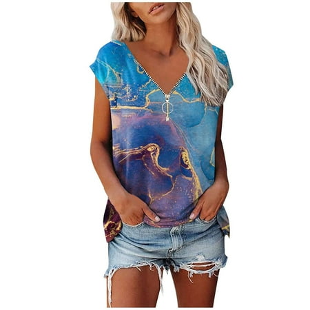 

Tops bonitos para mujer cuello en V camiseta informal con degradado túnica verano con estampado manga corta Blue Small