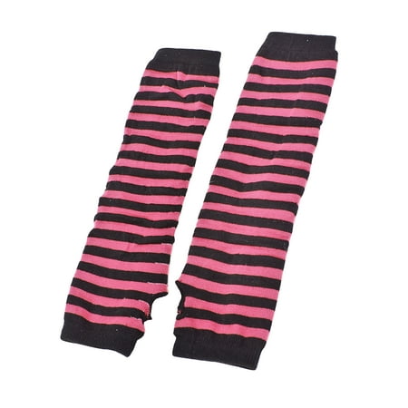 Women Stripe Print Knitted Fingerless Elbow Length Gloves Warmers Pair