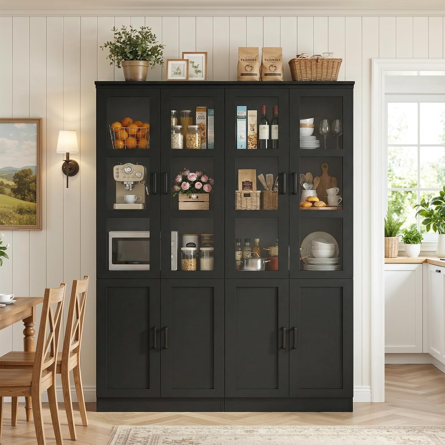 iSunirm 79.7'' Tall Pantry Cabinet with Tempered Glass Doors and Adjustable Shelves, Freestanding Kitchen Hutch Cabinet for Kitchen, Dining, Living Room, Black, 2 Packs