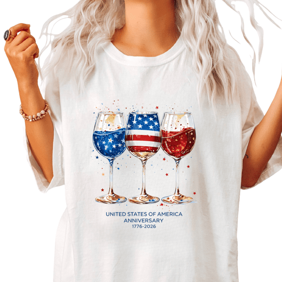 United States Of America Anniversary Womens S-5XL Patriotic Wine Graphic Short Sleeve T-Shirt White Tops