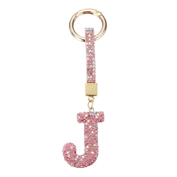 Encanto de letra brillante Uxcell para coche, encanto para espejo retrovisor de coche, letra inicial rosa, decoración interior, adornos de cristal colgantes para mujeres, DIY para bolsos, J