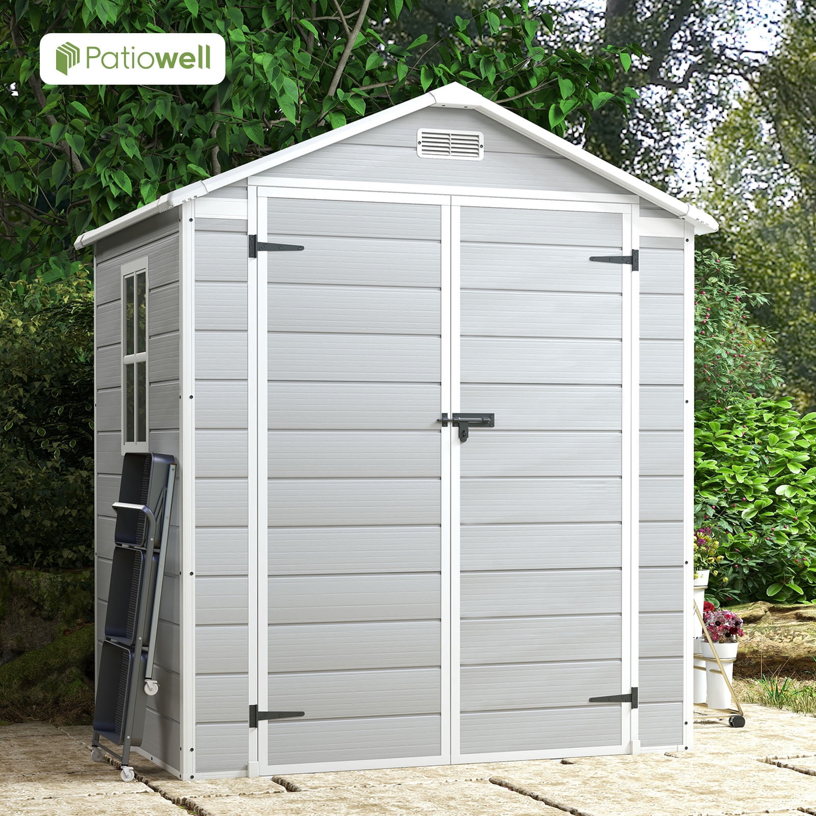 Patiowell 6x4 Resin Outdoor Storage Shed-Perfect to Store Patio Furniture, Garden Tools Bike Accessories, Beach Chairs and Lawn Mower, Grey & White