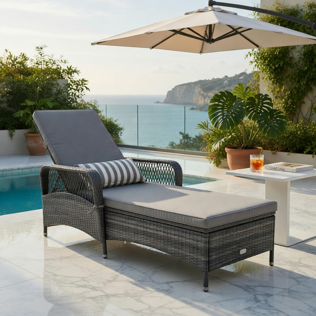 Hommoo Outdoor Chaise Lounge Chair with 6-Position Reclining Backrest, PE Rattan Patio Lounger, Includes Seat Cushion & Waist Pillow, Gray
