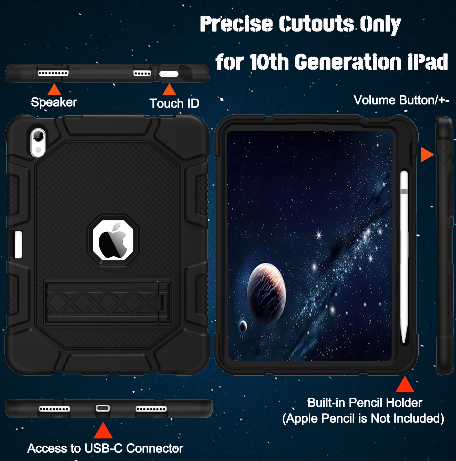 Rantice iPad 10th Generation Case 2022, 10.9 Inch iPad Case with Pencil Holder, iPad 10.9 Case with Kickstand, Hybrid Shockproof iPad 10th Gen Case for Kids Boys Children, Black