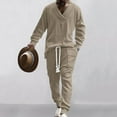 thumbnail image 4 of VBTAPA Winter Outfits for Men Jacquard Knit Lounge Sweatsuit 2 Piece V Neck Pullover Sweater and Jogging Sweatpants Tracksuit Set with Pockets Khaki M, 4 of 9