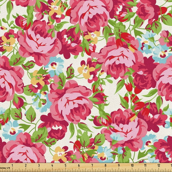 Ambesonne Retro Fabric by the Yard Upholstery, Red Roses Leaves Plain Back, 1 Yard, Dark Pink Fern Green