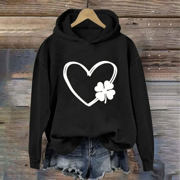 Womens Tops St. Patrick's Day Long Sleeved Casual Printed Round Neck Loose Hooded Sweatshirts Black L