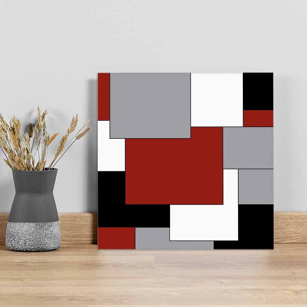 Abstract Art Canvas Wall Art, Patchwork Red Black and Grey Framed Wall Decor Modern Artwork Prints Painting for Living Room, Bedroom, Kitchen & Cafe Decor 16x16 Inch