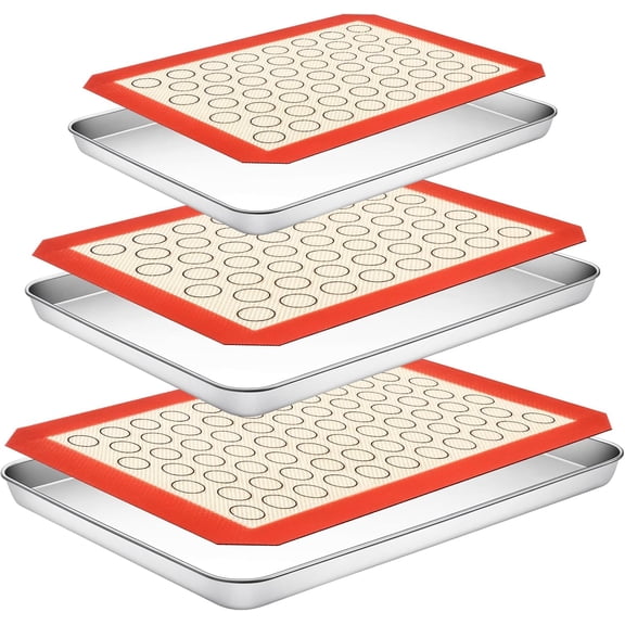 Baking Sheet with Silicone Set, Stainless Steel Baking Sheet Pan Tray, Cookie Sheets for Baking, 6PCS Baking Supplies Bakeware Sets for Oven Making Cookies, Macaroons, Bread