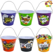 Ottoy 6 PCS Halloween Steel Bucket with Handle in 6 Designs, Halloween Metal Pail Candy Bowl Holder for Trick-or-Treat, Halloween Goodie Bags, Halloween Gift Baskets for Party Favor Supplies