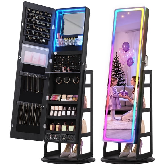 LVSOMT Jewelry Cabinet Standing with LED Light,360° Swivel Jewelry Armoire,Full Length Mirror with Storage,Black