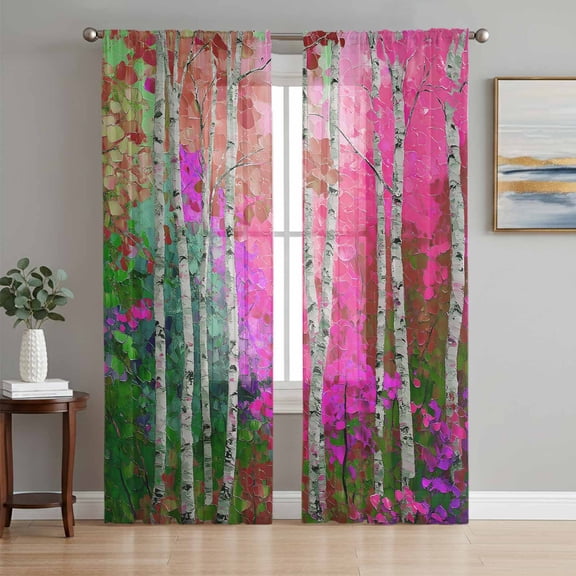 Pink Green Oil Painting Sheer Curtains 63 Inch Length 2 Panels Set, Modern Abstract Summer Botanical Voile Window Treatment Rod Pocket Curtains Sheers Drapes for Bedroom/Living Room/Kitchen 52x"63"x2