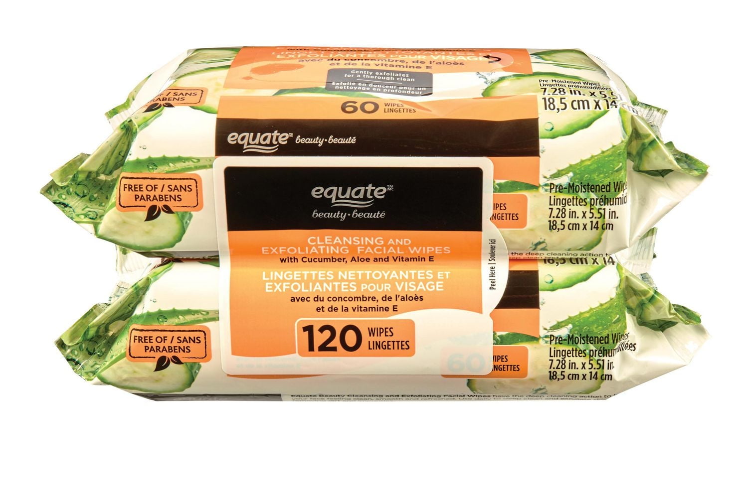 Equate Beauty Lingettes Nettoyantes et Exfoliantes pour le Visage 120ct 120 lingettes, 7,28x5,51 pouces