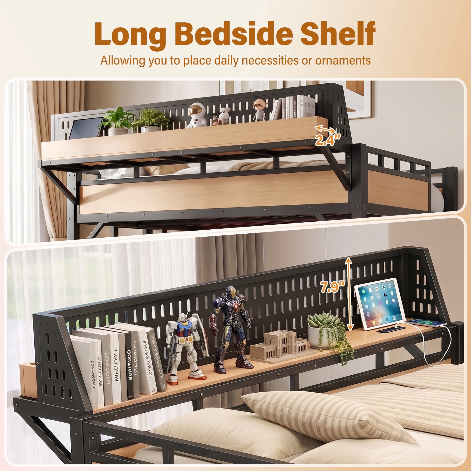 Aukfa Full Size Loft Bed with Slide, Shelves, Wardrobe, USB Ports & LED Lights, Heavy-Duty Metal Bed Frame for Kids Teens Adults, Natural