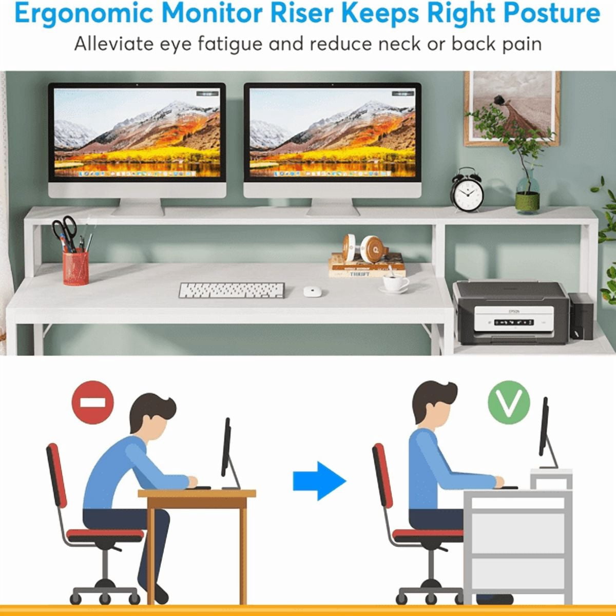 Ergonomic Computer Desk with File Cabinet - 62.99" Monitor Stand, 45W×19.68D Desktop, 2 Drawers - for Home Office, Study & Gaming