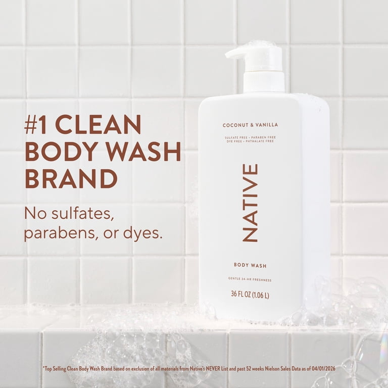 4 pack) Native Body Wash, Coconut & Vanilla, Sulfate Free, 36 fl