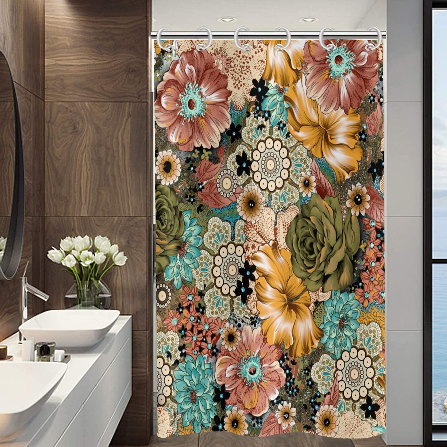 Boho Floral Small Stall Shower Curtain (36"x72"), Retro Colorful