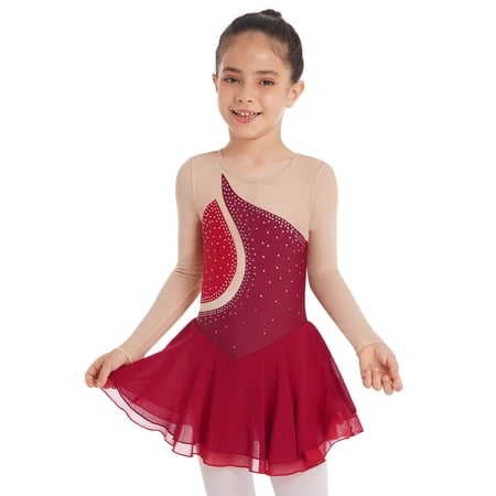 TTAO Kids Girls Mesh Splice Figure Ice Skating Dress Ballet Dance Gymnastic Leotard Performance Costume Burgundy 14