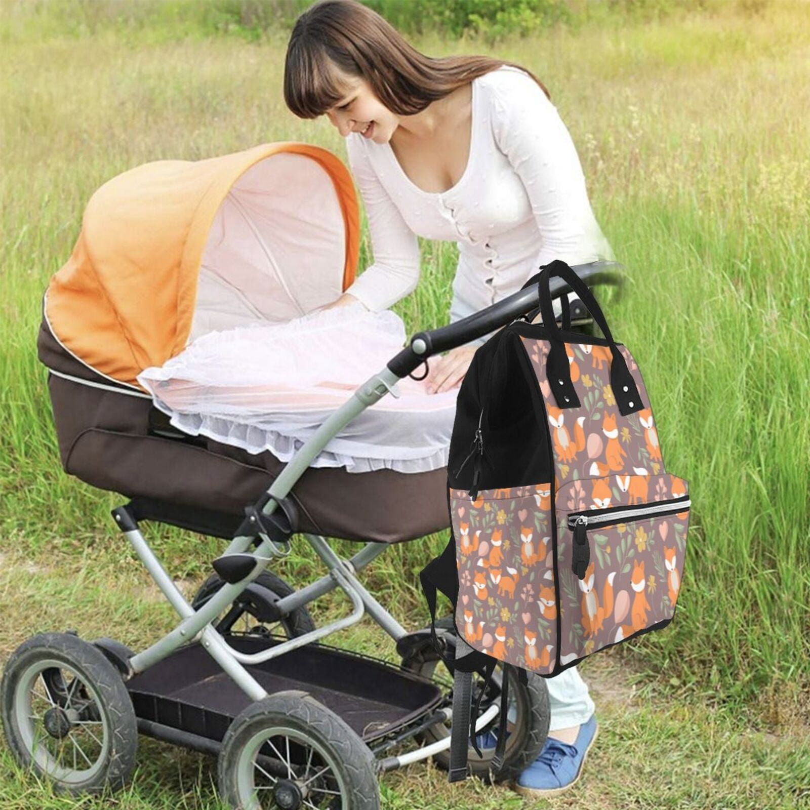 Fuzoiu Cute Little Fox Print Diaper Bag Backpack,Baby Essentials Travel Tote,Multi function Waterproof Diaper Bag, Travel Essentials Baby Bag - Unisex