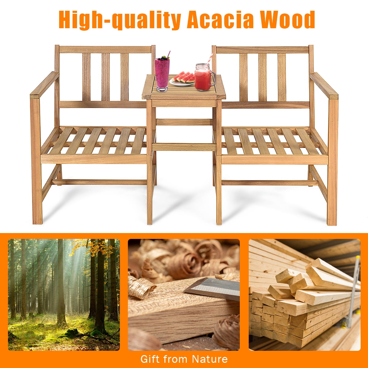 Costway 3 in 1  Patio Table Chairs Set Solid Wood Garden Furniture