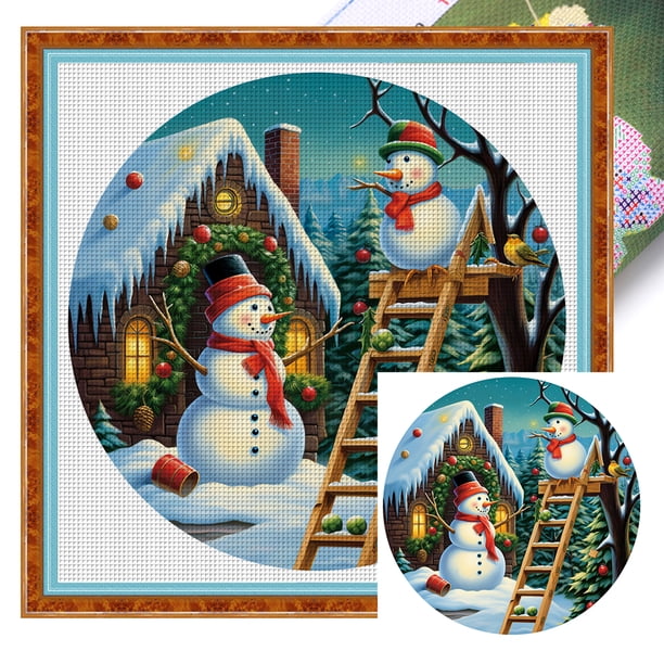 Hilo de bordar de algodón ecológico completo, punto de cruz de cabaña navideña impreso de 11CT, 40x40cm