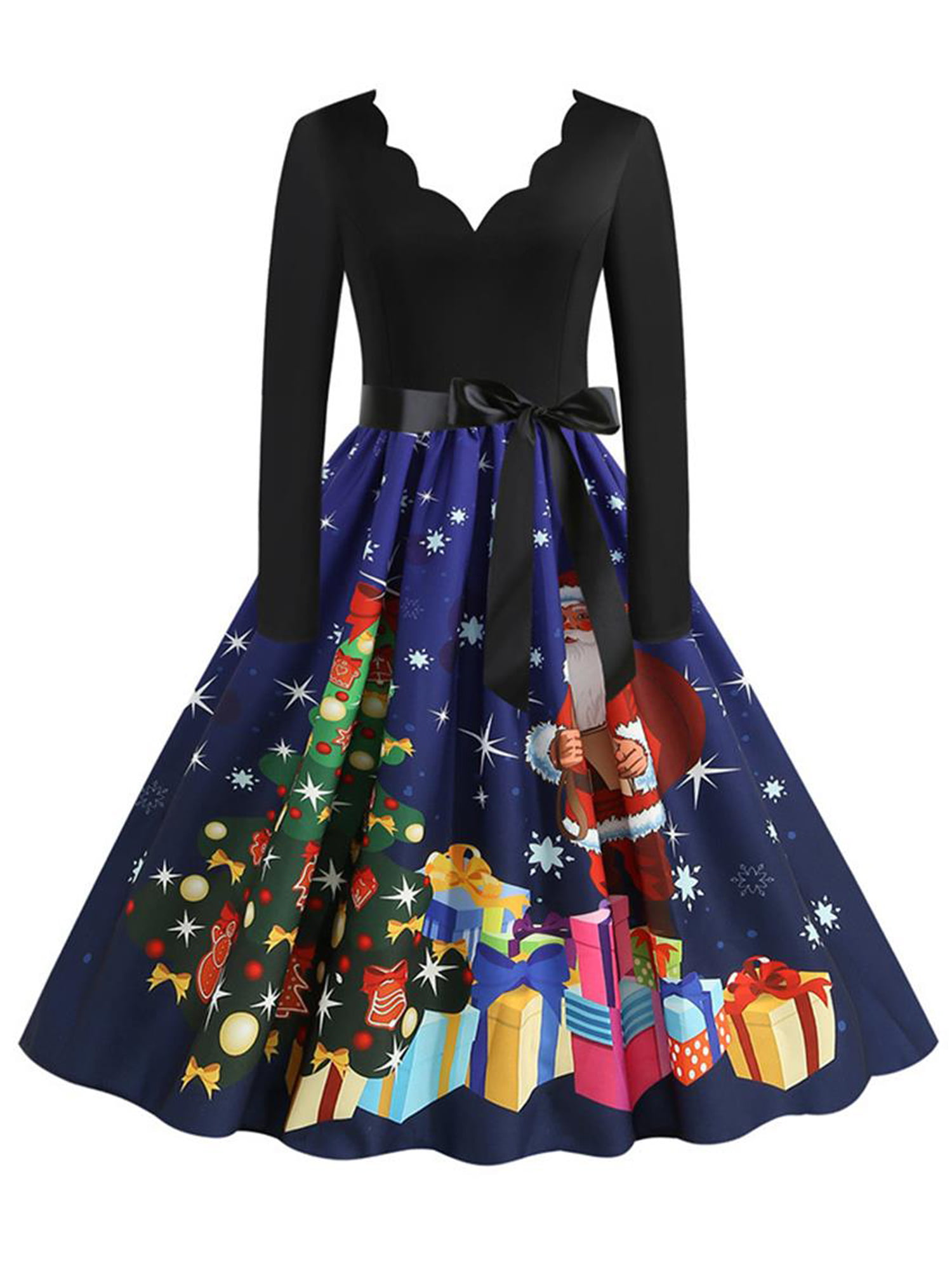 COTTONI-Dresses Fashion Womens Casual Christmas Santa Claus Stripe Print V-Neck Vintage Swing Dress