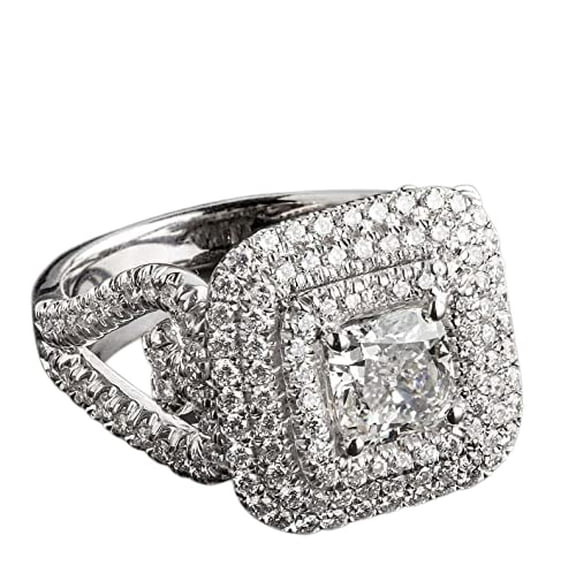 HeartsAndYou 4ct Cushion Moissanite Engagement Ring for Women Triple Halo Cocktail Iced 18k White Gold over Silver