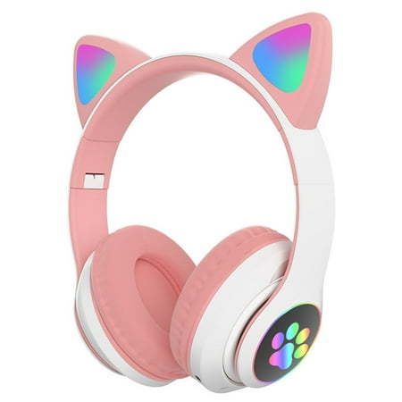 YFMHA Cat Ear LED Light Up Foldable Kids Bluetooth Wireless Headphone HD Stereo Sound Childrens Headphones Built in Microphone (Pink)