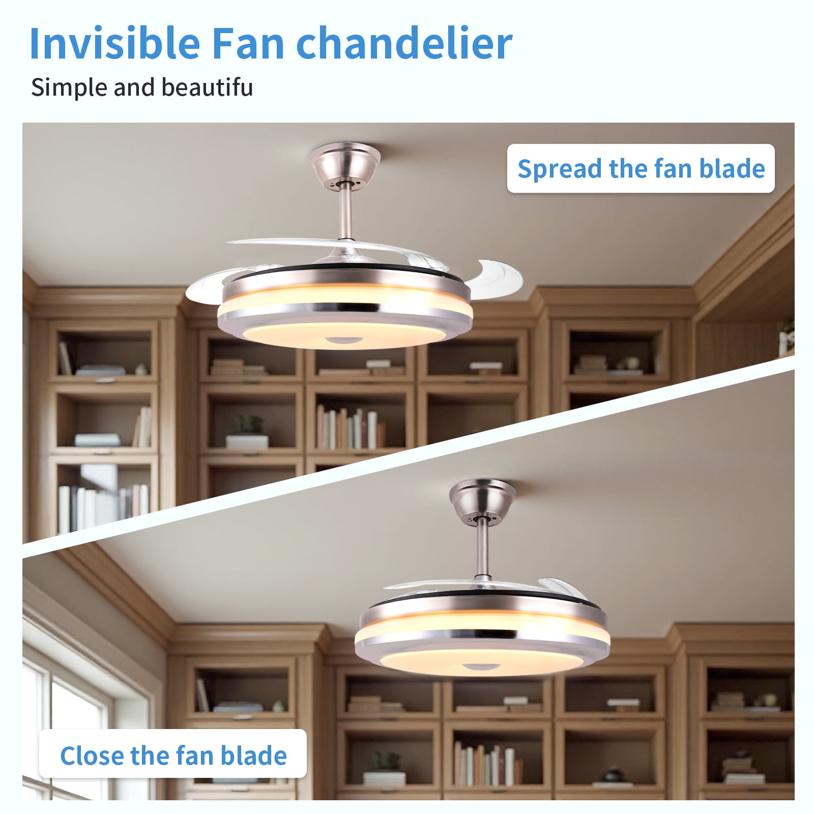 Smart Retractable Ceiling Fan with Light, 42 Inch Fandelier Remote Control, 3 Color Temperature Dimmable LED, 6 Speed Quiet Reversible DC Motor for Bedroom Living Room Kitchen