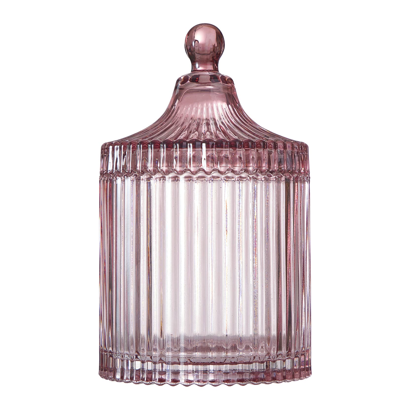 Beautiful Contemporary Rose Ribbed Glass Lidded Decorative Jar by Drew Barrymore, 4.09" L x 6.69" H