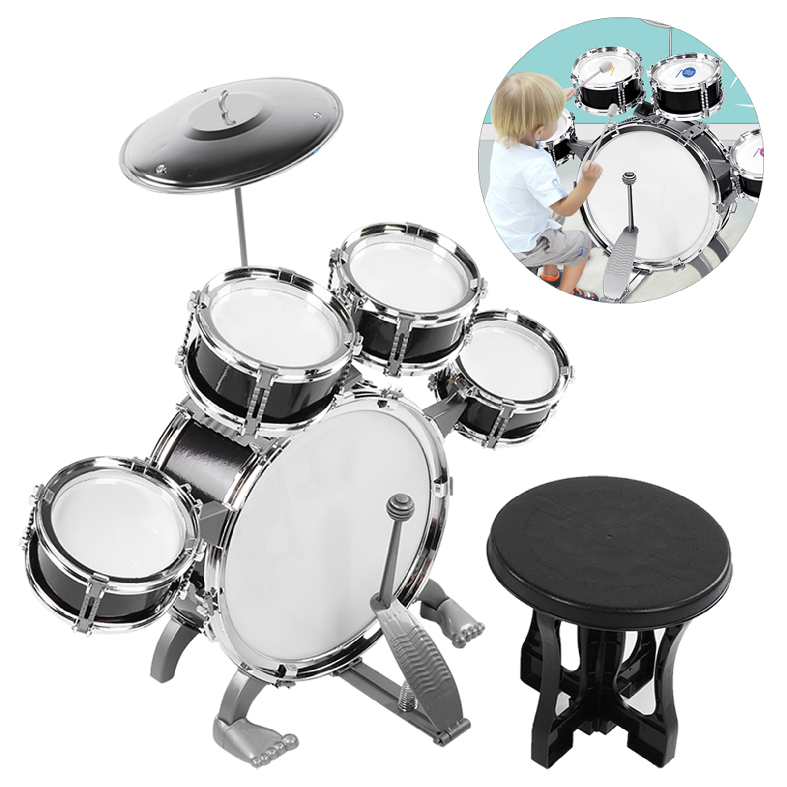 Kids Drum Set For Toddlers With 5 High Drums, Drum Kit Musical