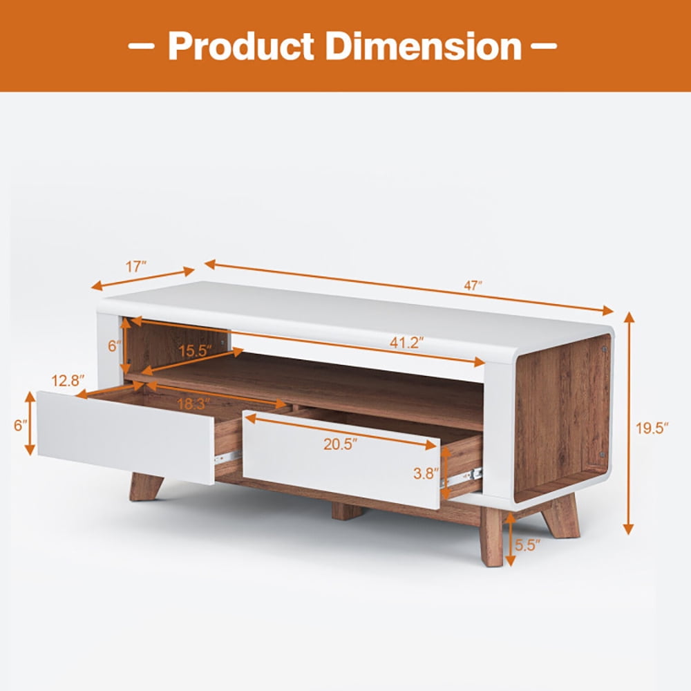 Finihen TV Stand, Media Console with 2 Pull-Out Drawers and Open Compartment for TVs up to 50 Inch, Media Entertainment Center with Storage, for Living Room, Bedroom, White & Oak
