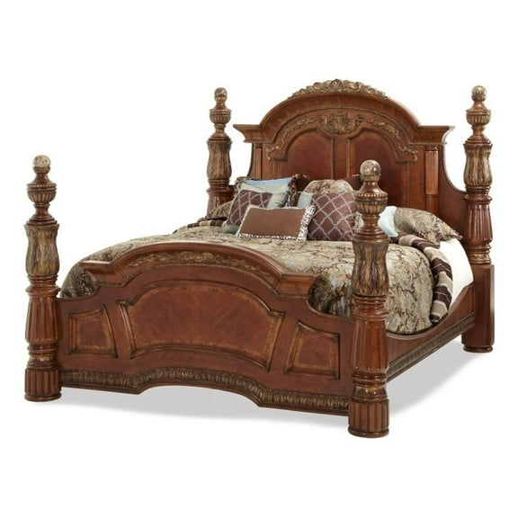 Michael Amini Villa Valencia Eastern King Wood Poster Bed - Classic Chestnut