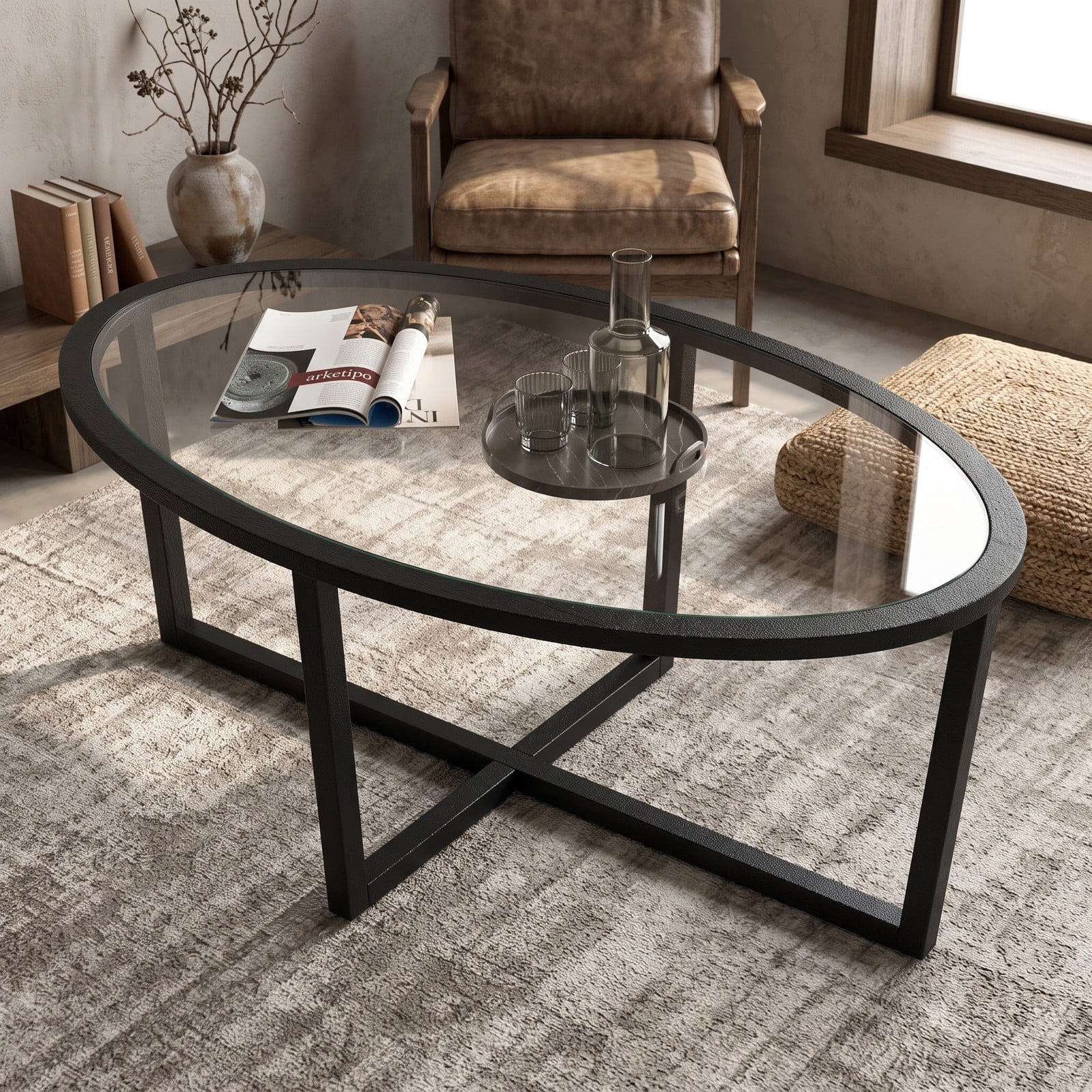 Furnibear Oval Glass Coffee Table, Living Room Center Table with Tempered Glass Top, Cross Base and Solid Acacia Wood Legs, 110 lbs Capacity Accent Sofa Side, Black
