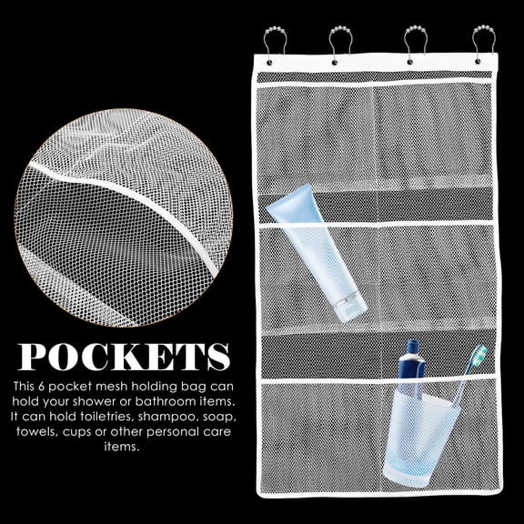 Pretyzoom Mesh Shower Organizer with 6 Pockets for Bathroom Storage Hanging Bath Bag with Hook Rings