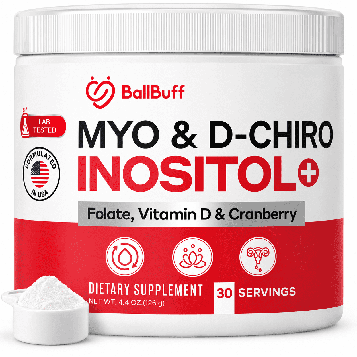 BallBuff Myo-Inositol & D-Chiro Inositol Powder for Women - 40:1 Ratio - Hormone & Cycle Support with Folate, Vitamin D & Cranberry