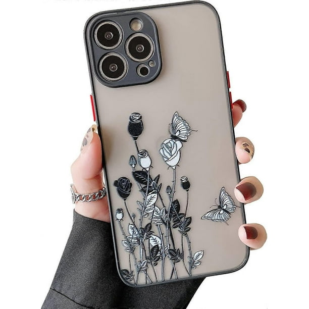 Compatible with iPhone 13 Pro Max Case Cute, Matte Anti-Scratch Clear Black Floral Butterfly Rose Shockproof Lightweight Protective Case for iPhone 13