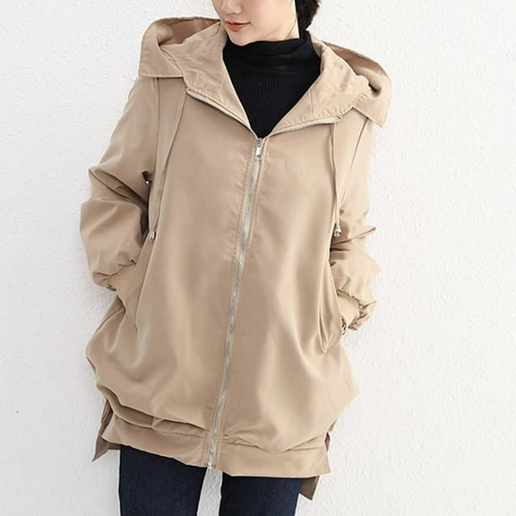 HongQid Women's Jackets Casual Long Sleeve Trench Coat Zip Up Hooded Overcoat with Pockets for Fall Winter