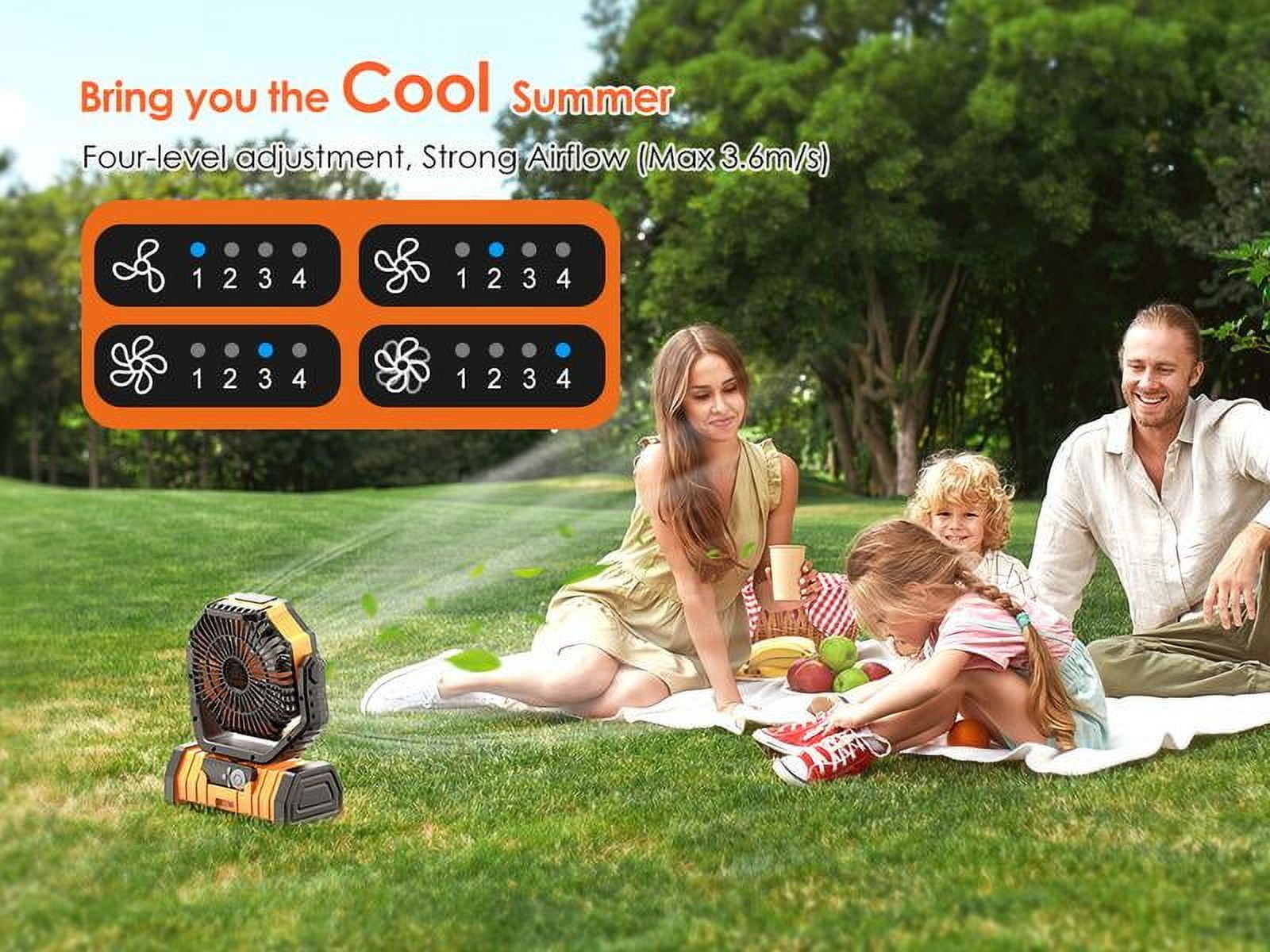 20000mAh Rechargeable Camping Fan with LED Light, Portable Multi-functional Fan with 360° Rotating Hook, Oscillating Emergency Camping Fan