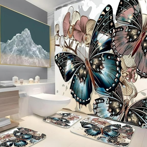 Heavenly Designs Watson Bathroom Accessories Five Piece Mauve, Brown, Blue and Black Butterfly Shower Curtain Set