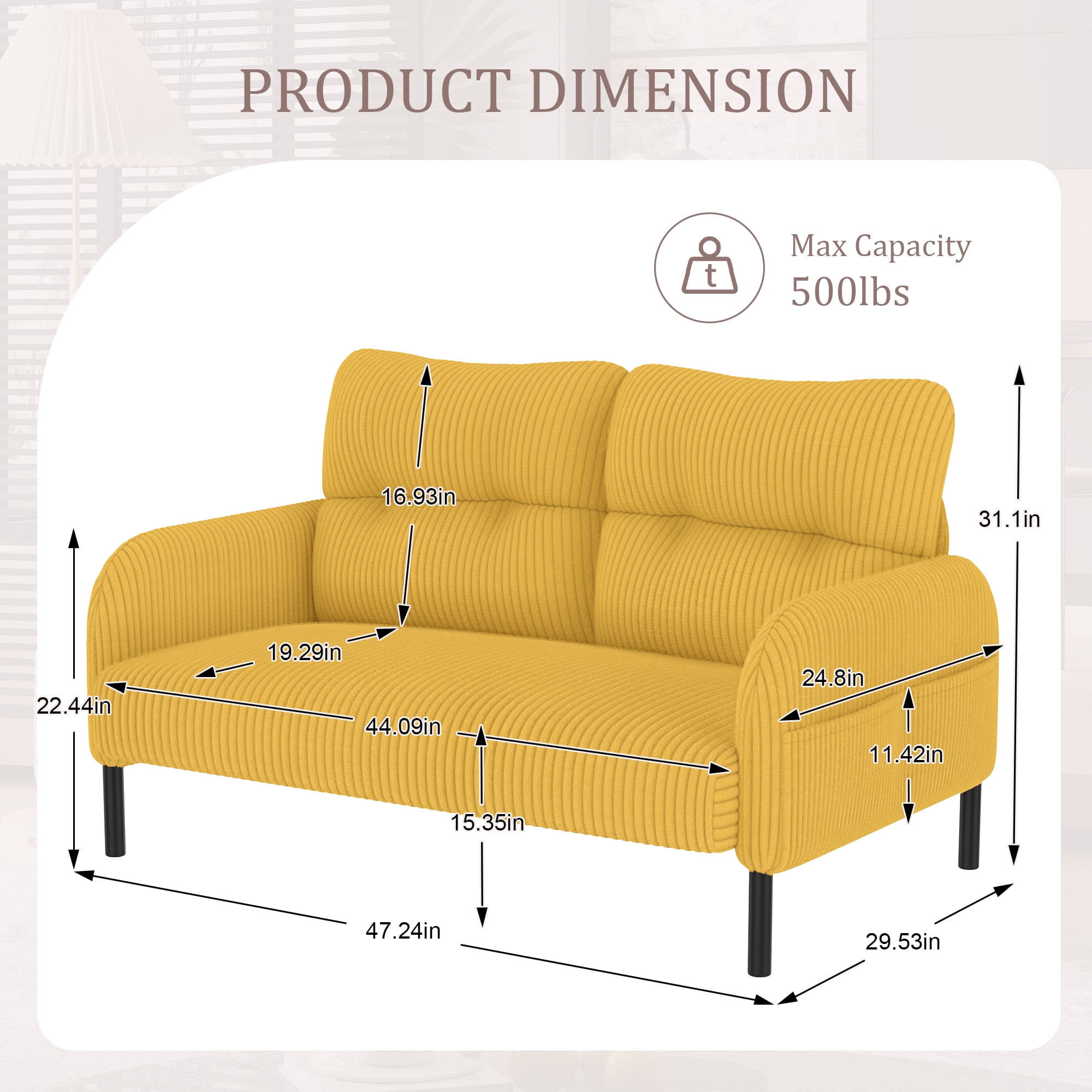 MOONMISS Corduroy Upholstered Tufted Comfortable Wood Frame Loveseats Sofa with Double Side Pocket-Yellow