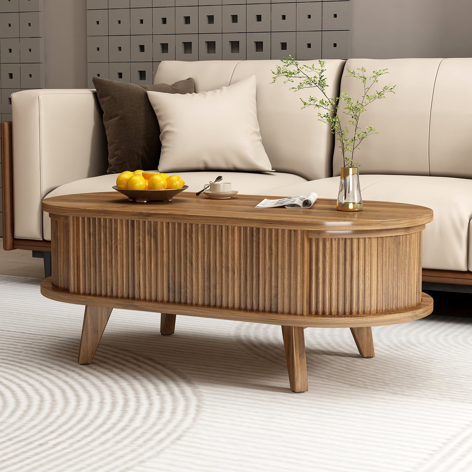 Fluted Li Ft Top Coffee Table with Hidden Compartment, Wooden Center Table, Modern Oval Li Ft Tabletop for Home Living Room Office
