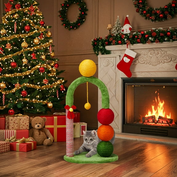 Zimtown 29in Cat Tree Tower, Holiday Christmas Scratching Post with Sisal Balls & Dangling Toys for Indoor Cats